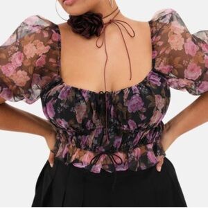 For Love And Lemons Sunshine Puff Sleeves Floral Crop Top Size XL